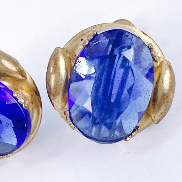 VTG 40s 50s Mid Century Gold Tone Screw Back Earrings Cobalt Blue Glass - Picture 4 of 16